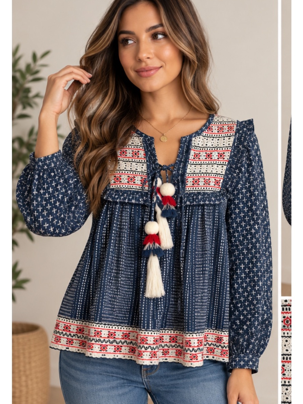 Anthropologie Hemant$ Nandita Navy Peasant Blouse cotton Red Cream Embroidery s